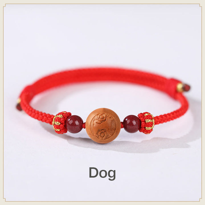 Braccialetto della ricchezza in cinabro intagliato con carattere dello zodiaco cinese Fu in legno di pesca naturale Buddha Stones - Rosso cane (circonferenza del polso 14-18 cm) - image 9