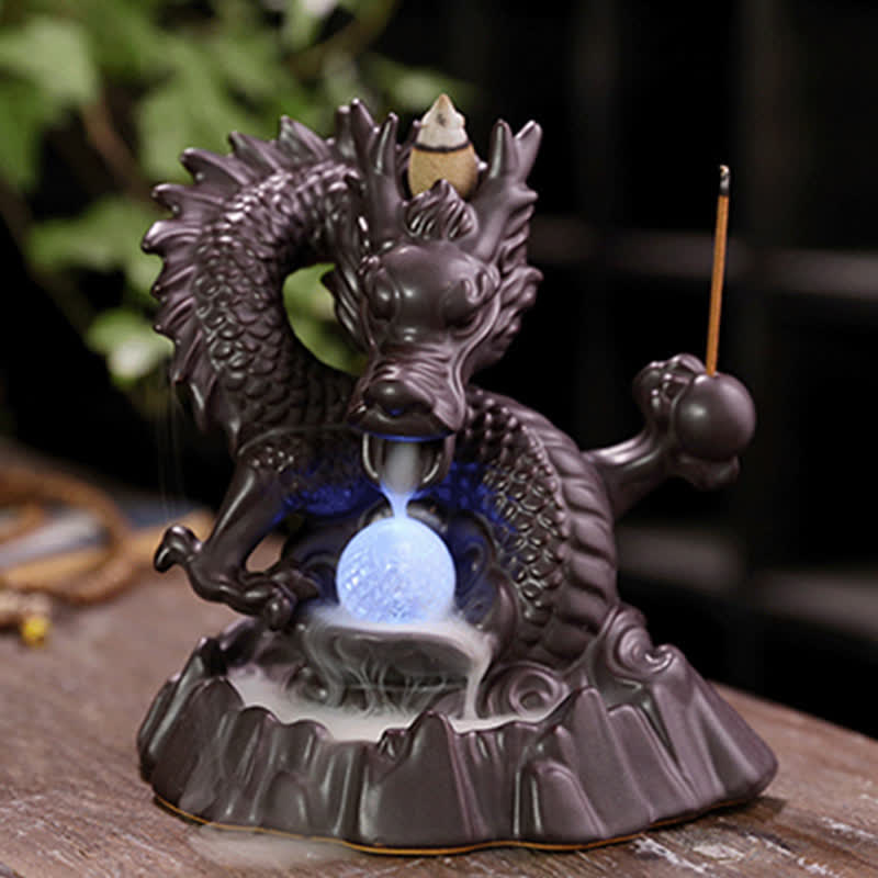 Buddha Stones Drago di buon auspicio Fontana di fumo a riflusso in ceramica Bruciatore di incenso di guarigione Meditazione Decorazione a sfera a LED