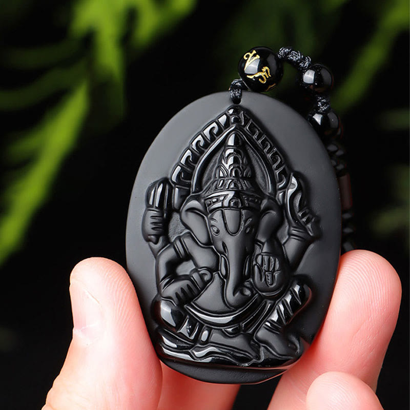 Buddha Stones Collana con amuleto della ricchezza dell'elefante Ganesh Ganpati in ossidiana tibetana - image 8