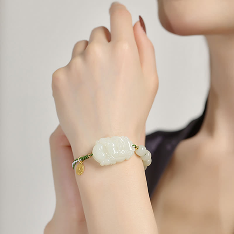 Braccialetto in argento sterling 925 con zodiaco cinese Hetian Jade Happiness Luck String
