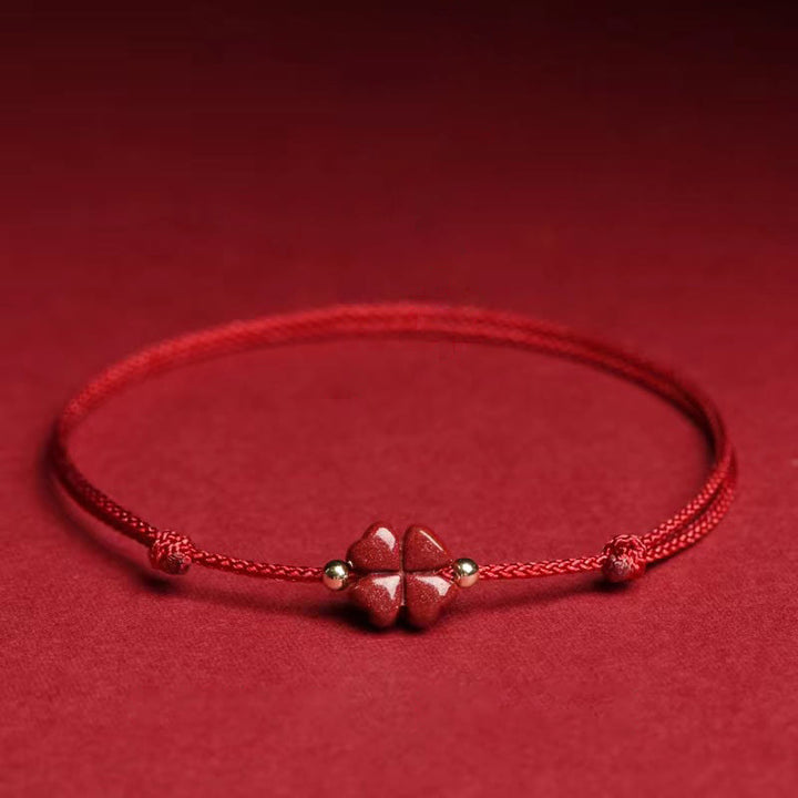 Buddha Stones Cinabro naturale Quadrifoglio Benedizione Braccialetto con corda rossa Cavigliera