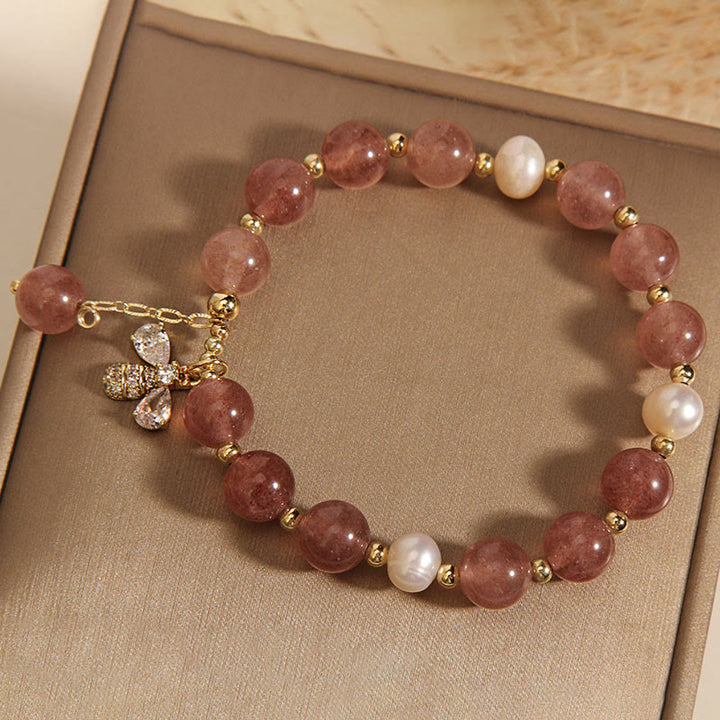 Braccialetto con ciondolo positivo ape con zircone carino e quarzo fragola perla Buddha Stones