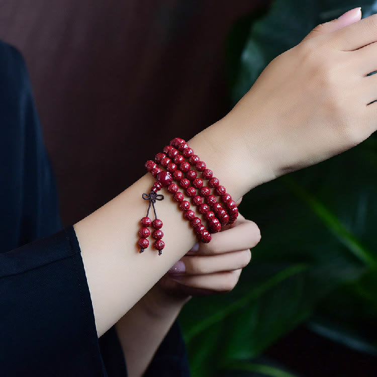 Buddha Stones 108 Mala Beads Cinnabar Om Mani Padme Hum Pattern Braccialetto di benedizione inciso