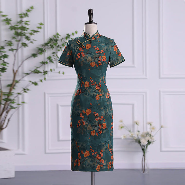 Abito da donna in cheongsam con stampa di piume di peonia e fiori di loto retrò Buddha Stones - Green Champagne - US16, UK/AU20, EU48 (5XL) - image 0