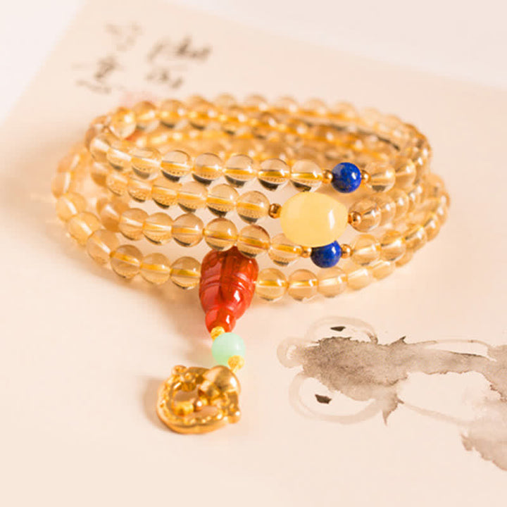 Braccialetto con ciondolo in argento sterling 925, 108 perline Mala, citrino naturale, agata rossa, ambra e piacere