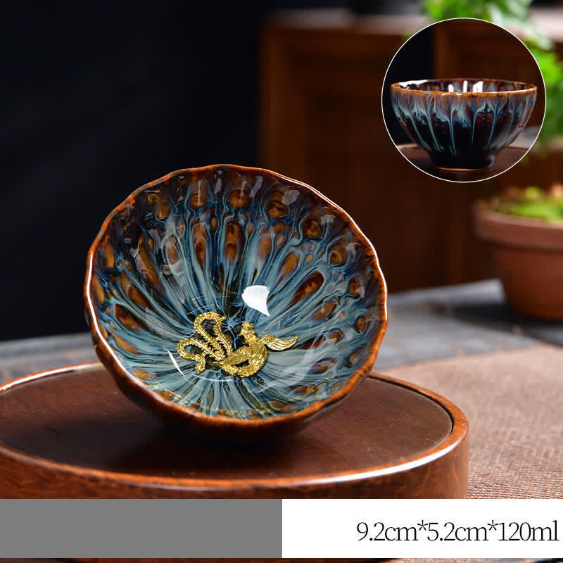 Buddha Stones Lotus Pavone Drago Fenice Koi Pesce Tazza da tè in ceramica Tazze da tè intarsiate 120ml - Oro - Fenice - image 14