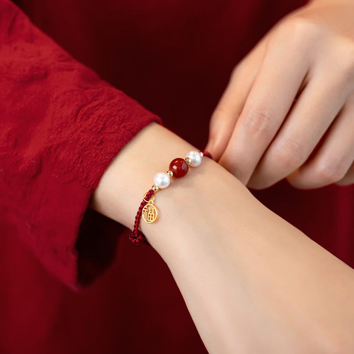 Braccialetto intrecciato in corda rossa con perle di agata e carattere Fu in argento sterling 925 con pietre Buddha Stones - image 12