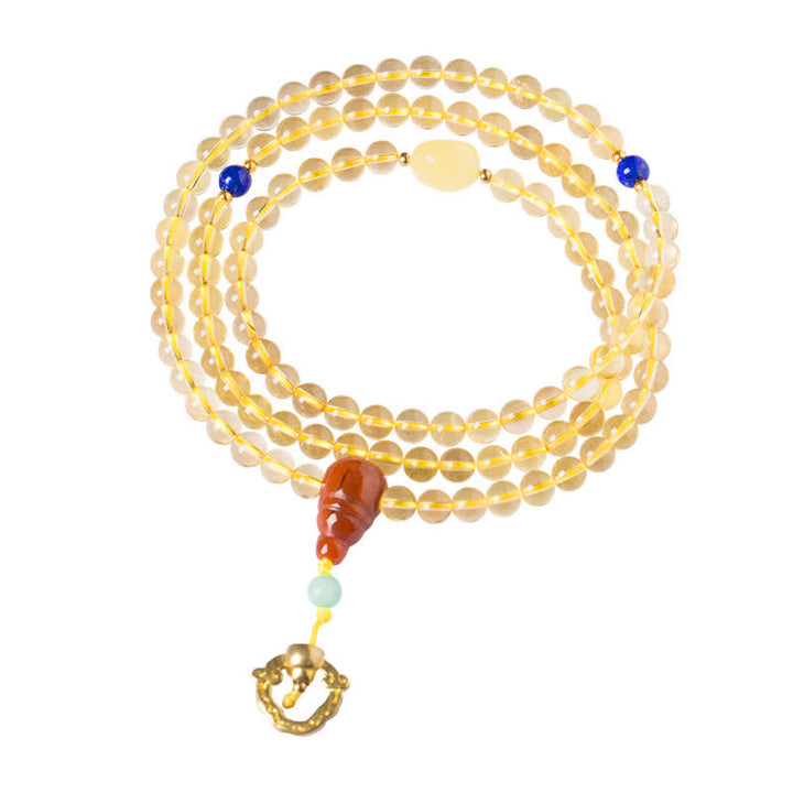 Braccialetto con ciondolo in argento sterling 925, 108 perline Mala, citrino naturale, agata rossa, ambra e piacere