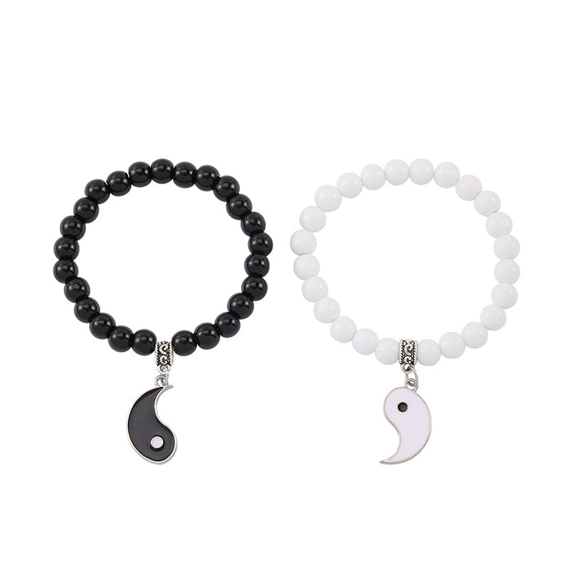 Buddha Stones 2 pezzi Braccialetto di coppia di protezione Yin Yang con perline di turchese bianco e onice nero