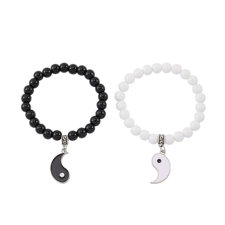 Buddha Stones 2 pezzi Braccialetto di coppia di protezione Yin Yang con perline di turchese bianco e onice nero