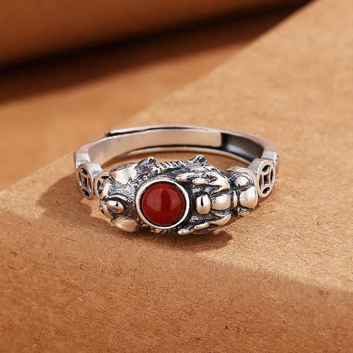 Buddha Stones PiXiu Moneta di rame Agata rossa Anello di fortuna e ricchezza