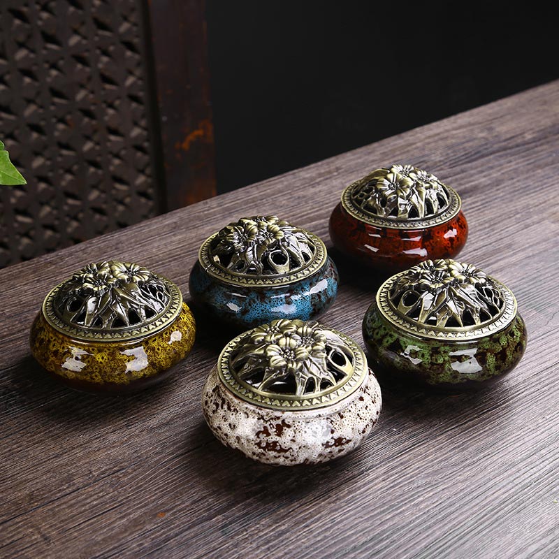 Buddha Stones Flower Pattern Ceramica Benedizione Meditazione Incenso Bruciatore Decorazione