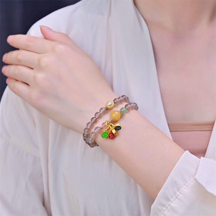 Braccialetto doppio giro Buddha Stones Natural Grey Agate Peace And Joy Charm Balance