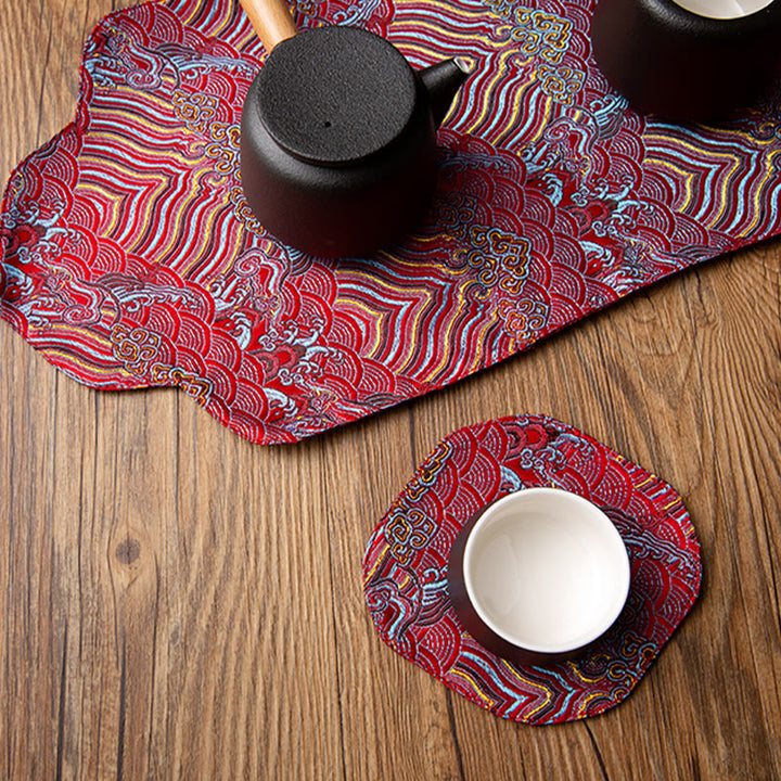 Buddha Stones Sea Wave Bamboo Plum Blossom Broccato Ricamo Sottobicchiere per tazza da tè Kung Fu Tappetino da tè