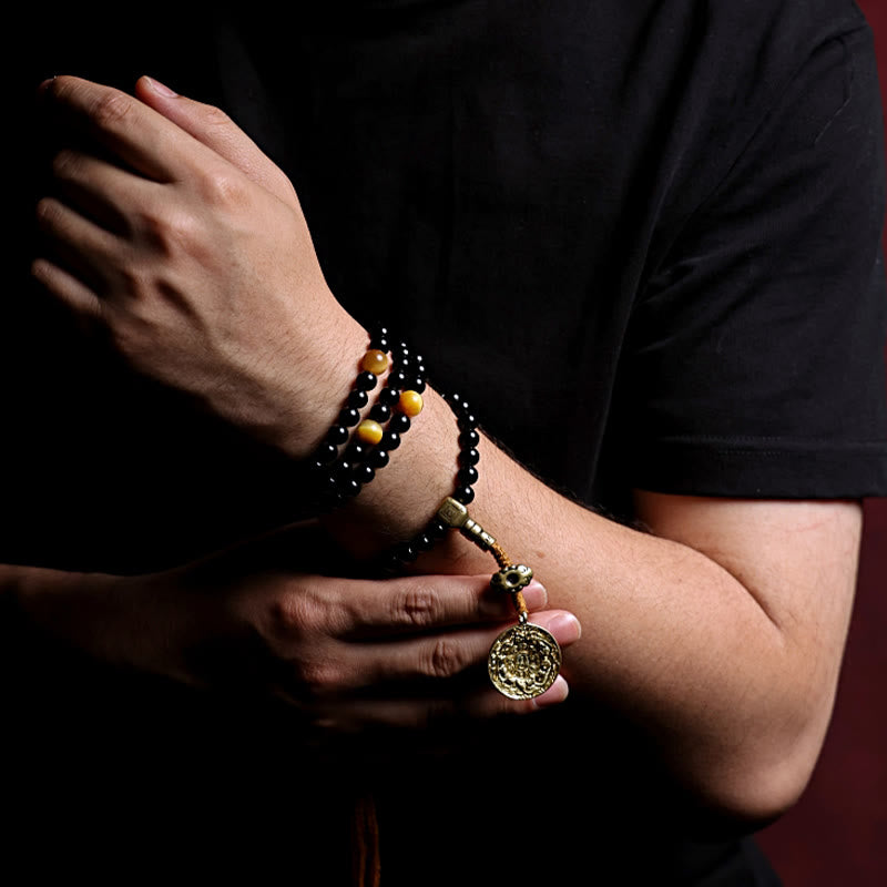 Buddha Stones Tibetano 108 Perle Mala Onice Nero Perle Occhio di Tigre Nove Palazzi Braccialetto di Protezione Bagua