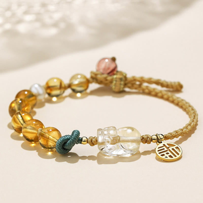 Braccialetto intrecciato con corda di prosperità del carattere PiXiu Fu di Buddha Stones Citrine