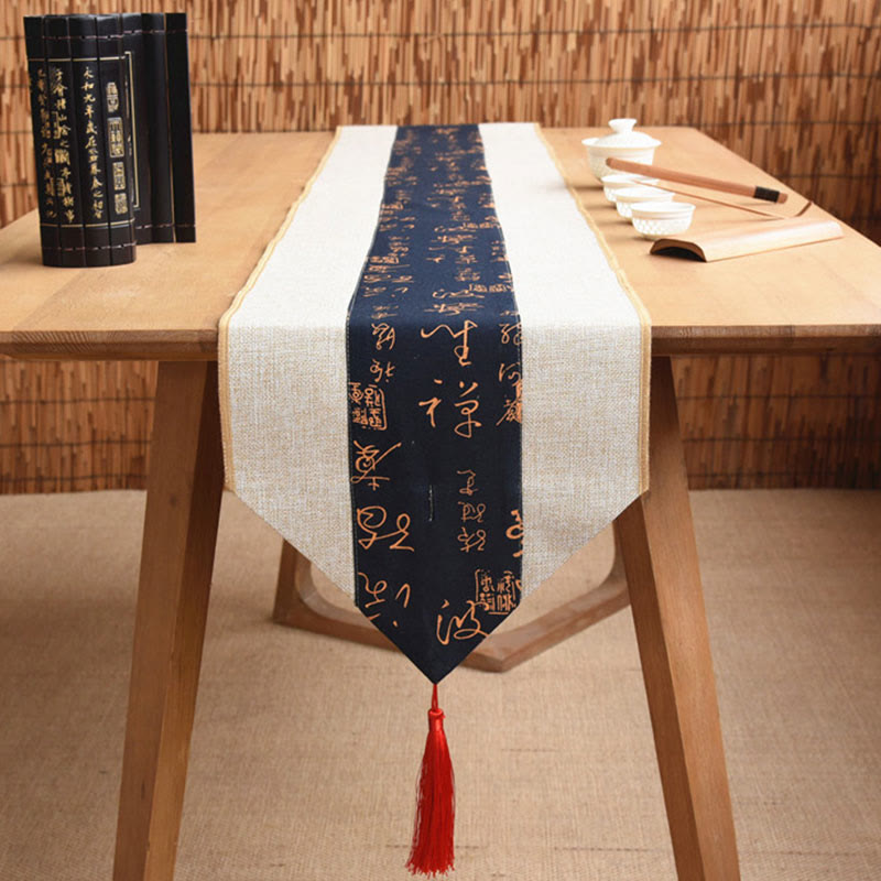 Buddha Stones Stile cinese classico Loto Koi Pesce Fiore Gru Calligrafia Illuminazione Cotone Lino Nappe Runner da tavolo