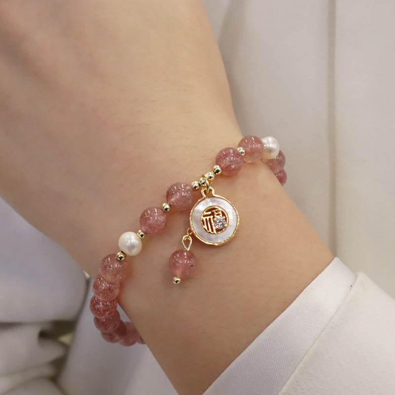 Braccialetto di guarigione con ciondolo a forma di carattere Fu, con ciondolo a forma di coda di pesce , con perle di quarzo fragola e alce sorridente
