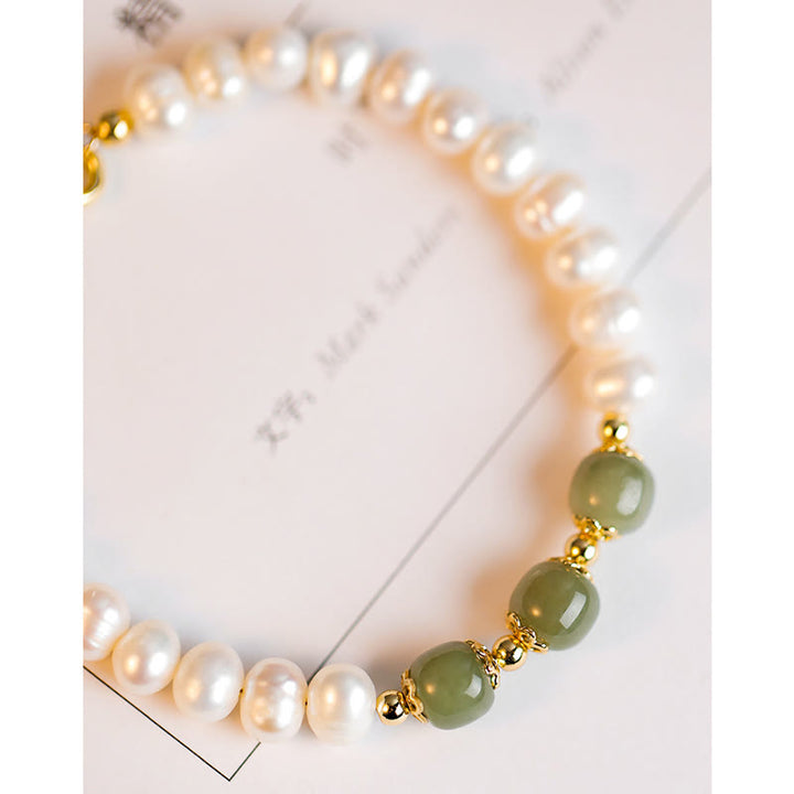 Braccialetto a catena con perle di sincerità in giada bianca e giada ciano di Hetian, placcato in oro 14K