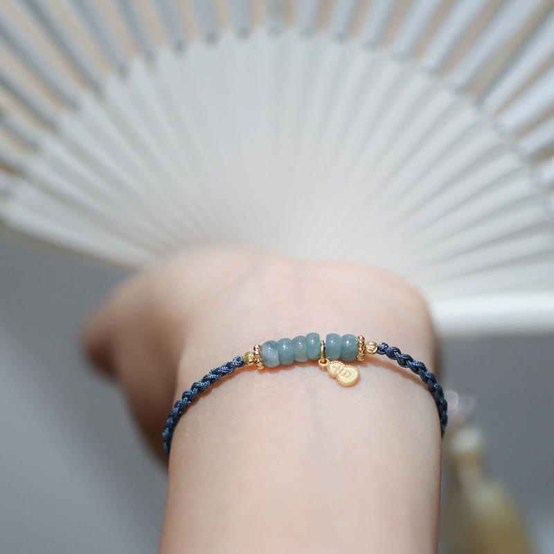Braccialetto intrecciato con carattere Fu in argento sterling 925, giada naturale, quarzo rutilato e zucca, con fortuna