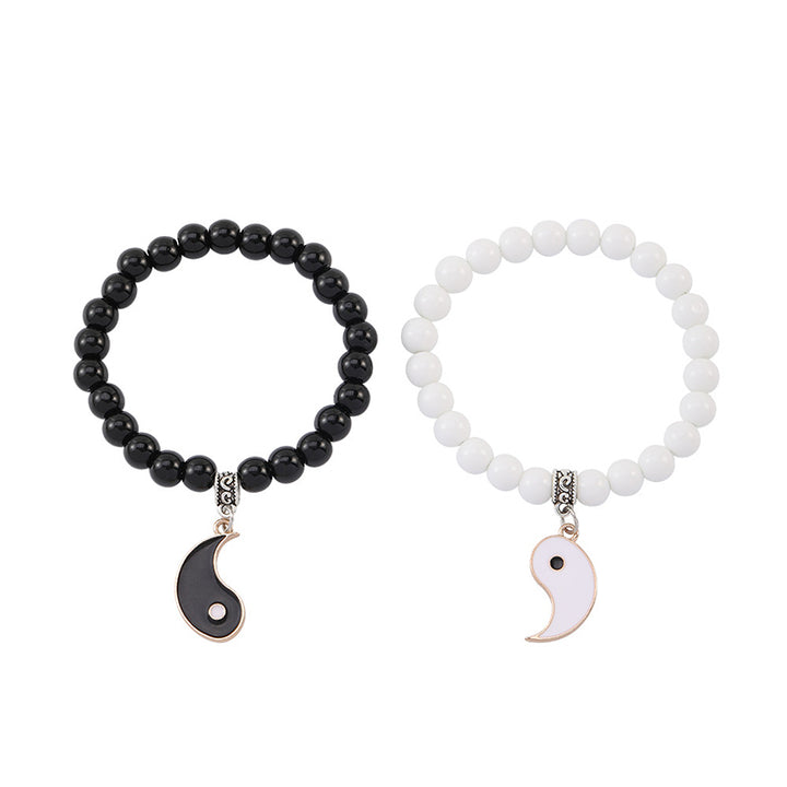 Buddha Stones 2 pezzi Braccialetto di coppia di protezione Yin Yang con perline di turchese bianco e onice nero