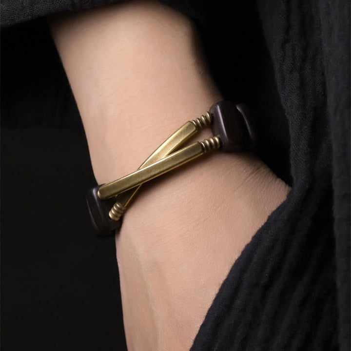Bracciale a doppio strato in ottone e rame con Buddha Stones in legno di ebano tibetano - image 3