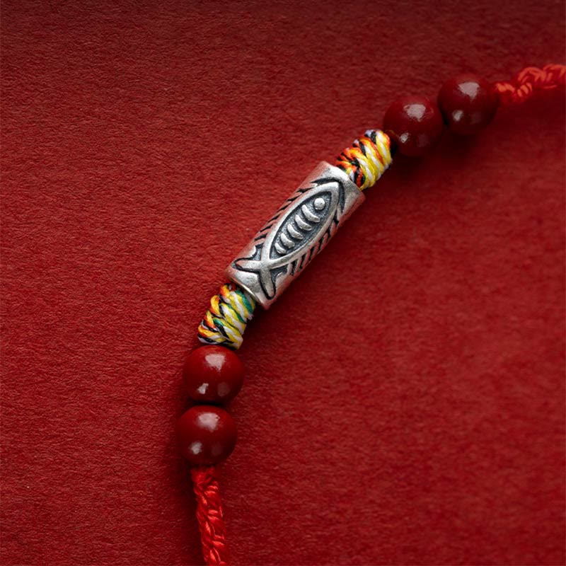 Buddha Stones 925 Sterling Silver Koi Fish Cinnabar Bead Wealth Braccialetto intrecciato artigianale Cavigliera - image 6