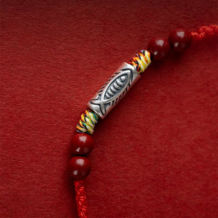 Buddha Stones 925 Sterling Silver Koi Fish Cinnabar Bead Wealth Braccialetto intrecciato artigianale Cavigliera - image 6