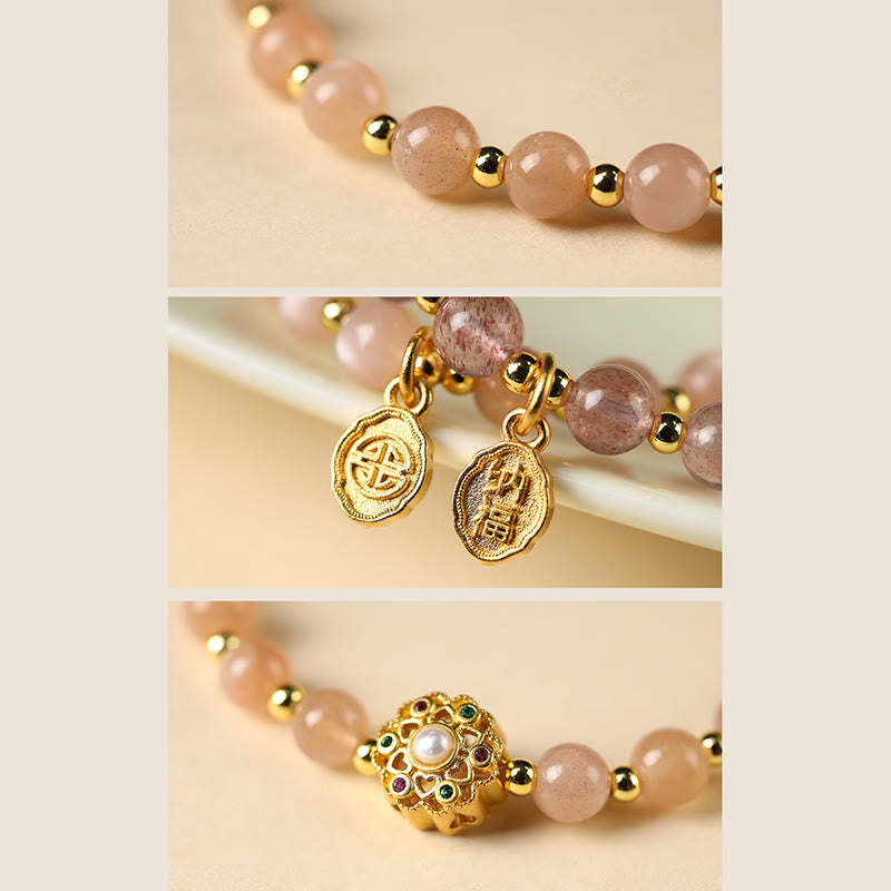 Bracciale con ciondolo positivo Fu Character Buddha Stones placcato oro 14K, quarzo fragola naturale Labradorite Sun Stone