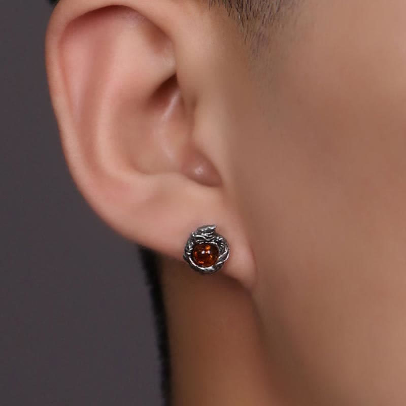 Orecchino a perno Buddha Stones 925 Sterling Silver Ambra naturale Drago Protezione Successo - image 5