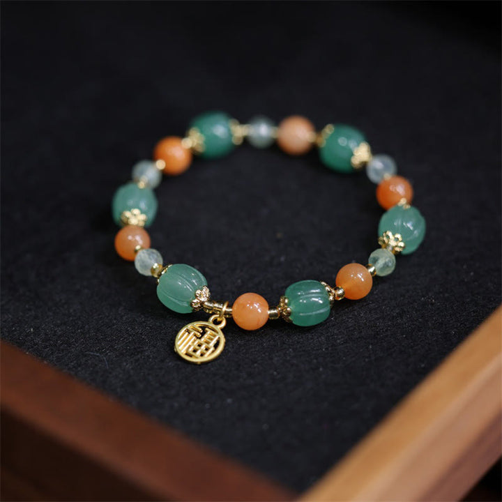 Buddha Stones Natural Golden Silk Jade Zucca Perlina Fu Carattere Charm Bracciale Ricchezza