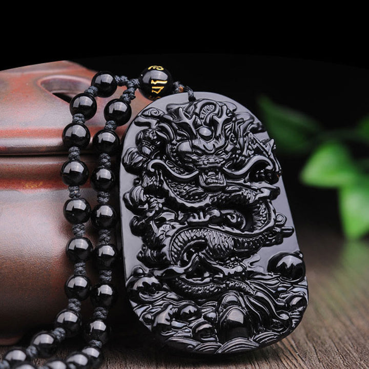 Buddha Stones Collana con ciondolo a forma di drago in pietra di ossidiana nera - image 6