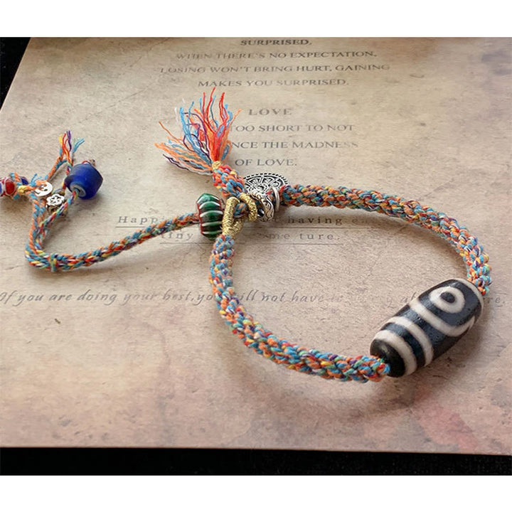 Braccialetto di protezione intrecciato con perline Dzi fatte a mano in argento sterling 925 tibetano Om Mani Padme Hum