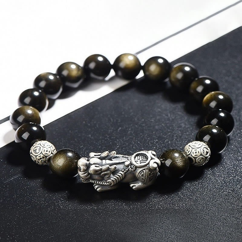 Braccialetto di protezione della ricchezza PiXiu in ossidiana naturale lucidata in argento sterling 925 Buddha Stones - image 1