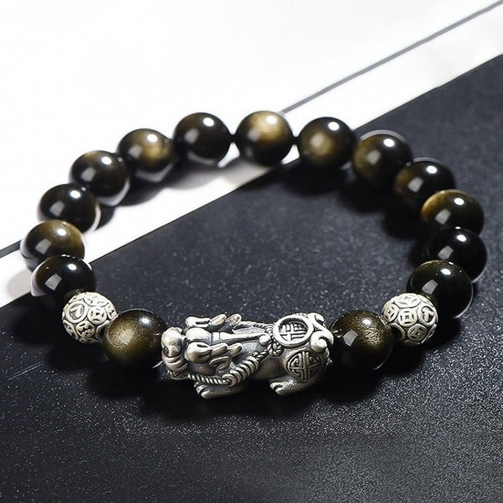 Braccialetto di protezione della ricchezza PiXiu in ossidiana naturale lucidata in argento sterling 925 Buddha Stones - image 1