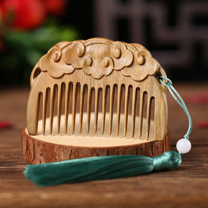 Pettine con nappa di cura inciso a forma di fiore di peonia volpe sandalo verde