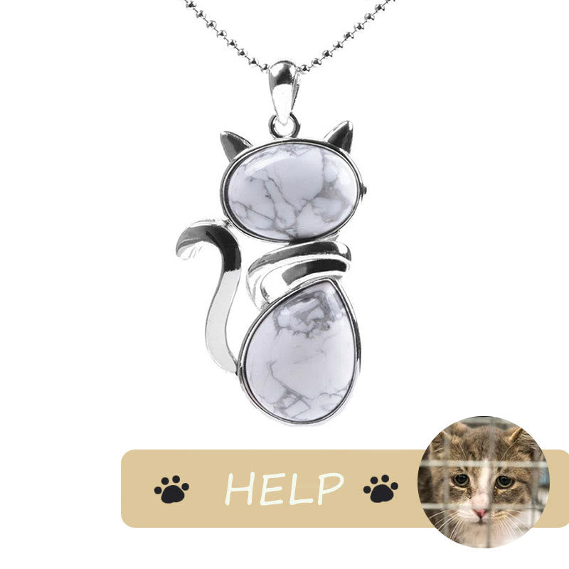 "Save A Cat" Collana con ciondolo amante dei gatti con motivo a gatto carino e protezione in cristallo naturale - Turchese bianco - image 15