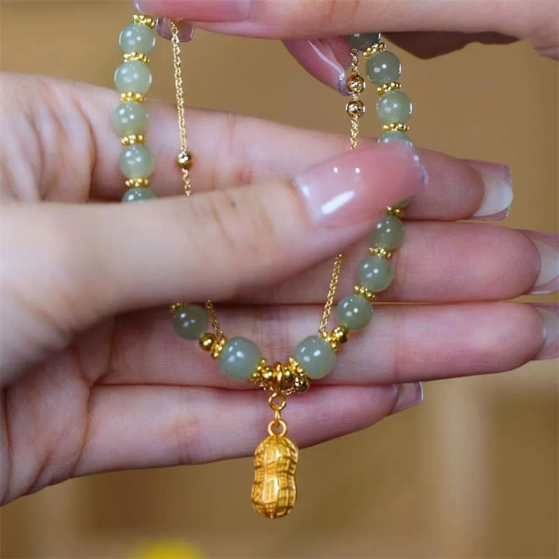 Braccialetto di perline con carattere Fu , Buddha Stones di giada, foglia di ginkgo, tulipano, arachidi e fortuna - image 14
