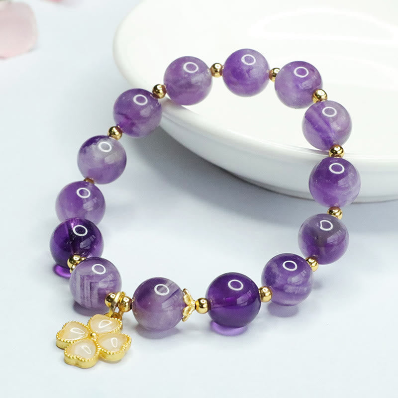 Bracciale con ciondolo a forma di quadrifoglio Buddha Stones, cristallo di ametista naturale e pace interiore