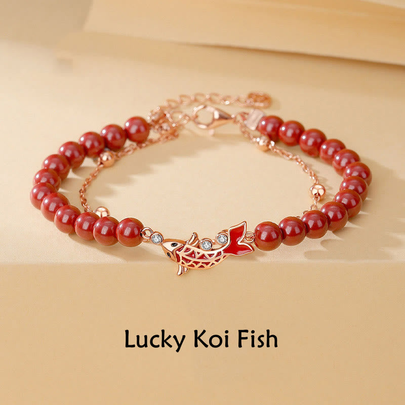 Bracciale a catena a doppio strato con zirconi e cinabro, in argento sterling 925, con pesce koi portafortuna, Buddha Stones - Pesce Koi (Fortuna♥Prosperità) - image 0