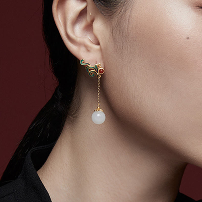 Orecchini pendenti con perline di agata rossa e giada bianca vintage Buddha Stones