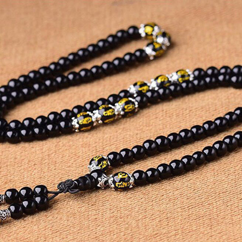 Bracciale Mala di protezione con sei vere parole in ossidiana nera Buddha Stones
