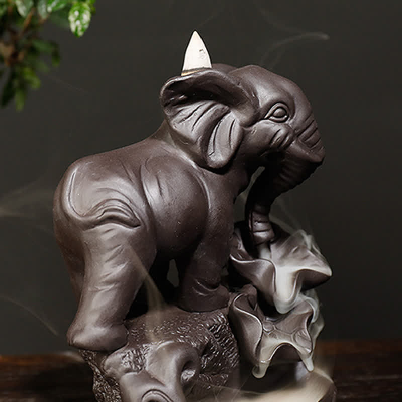 Decorazione bruciatore di incenso di guarigione della pace con fontana di fumo a riflusso in argilla viola elefante tibetano
