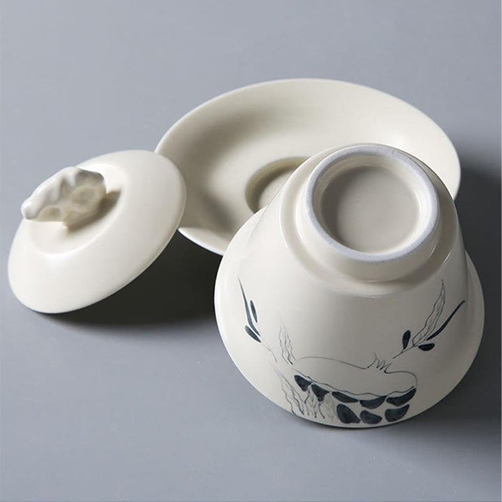 Buddha Stones dipinto a mano melograno ibisco pino loto ceramica gaiwan sancai tazza da tè kung fu tazza da tè e piattino con coperchio