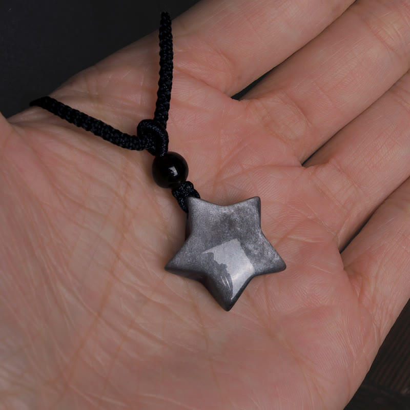Collana con ciondolo a forma di mezzaluna stellata in ossidiana naturale Buddha Stones argento