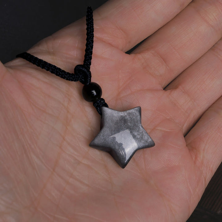 Collana con ciondolo a forma di mezzaluna stellata in ossidiana naturale Buddha Stones argento