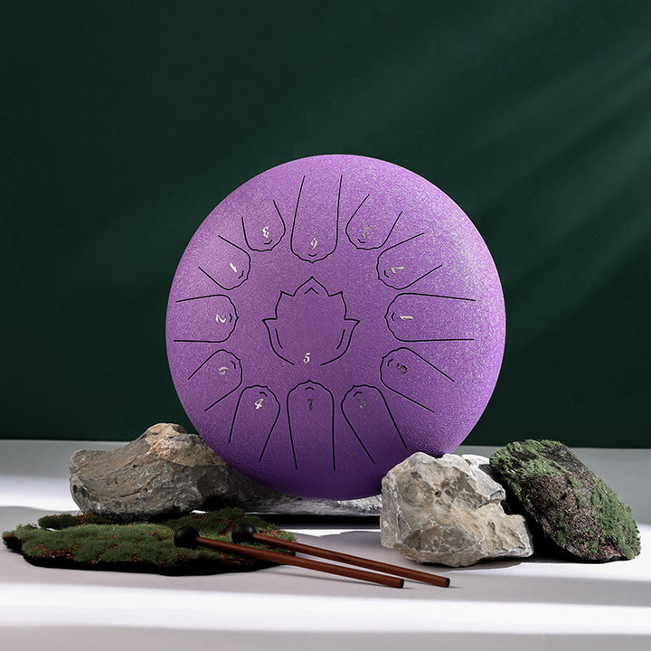 Buddha Stones Steel Tongue Drum Sound Healing Mindfulness Lotus Pattern Yoga Drum Kit 13 Note 12 Pollici Strumento a percussione