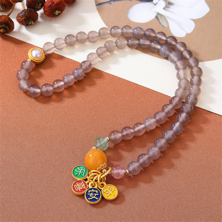 Braccialetto doppio giro Buddha Stones Natural Grey Agate Peace And Joy Charm Balance