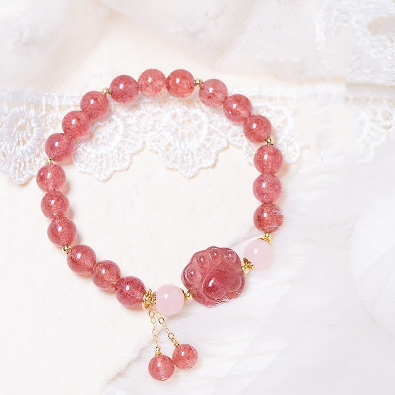 Braccialetto dell'amore con zampa di gatto portafortuna in cristallo rosa e quarzo fragola naturale Buddha Stones - Quarzo Fragola - image 0