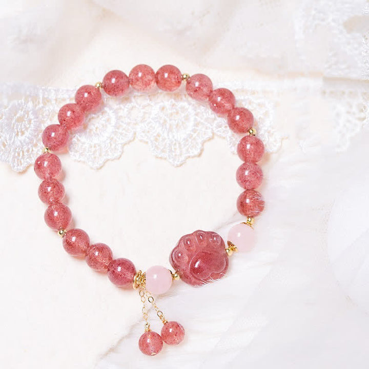Braccialetto dell'amore con zampa di gatto portafortuna in cristallo rosa e quarzo fragola naturale Buddha Stones - Quarzo Fragola - image 0